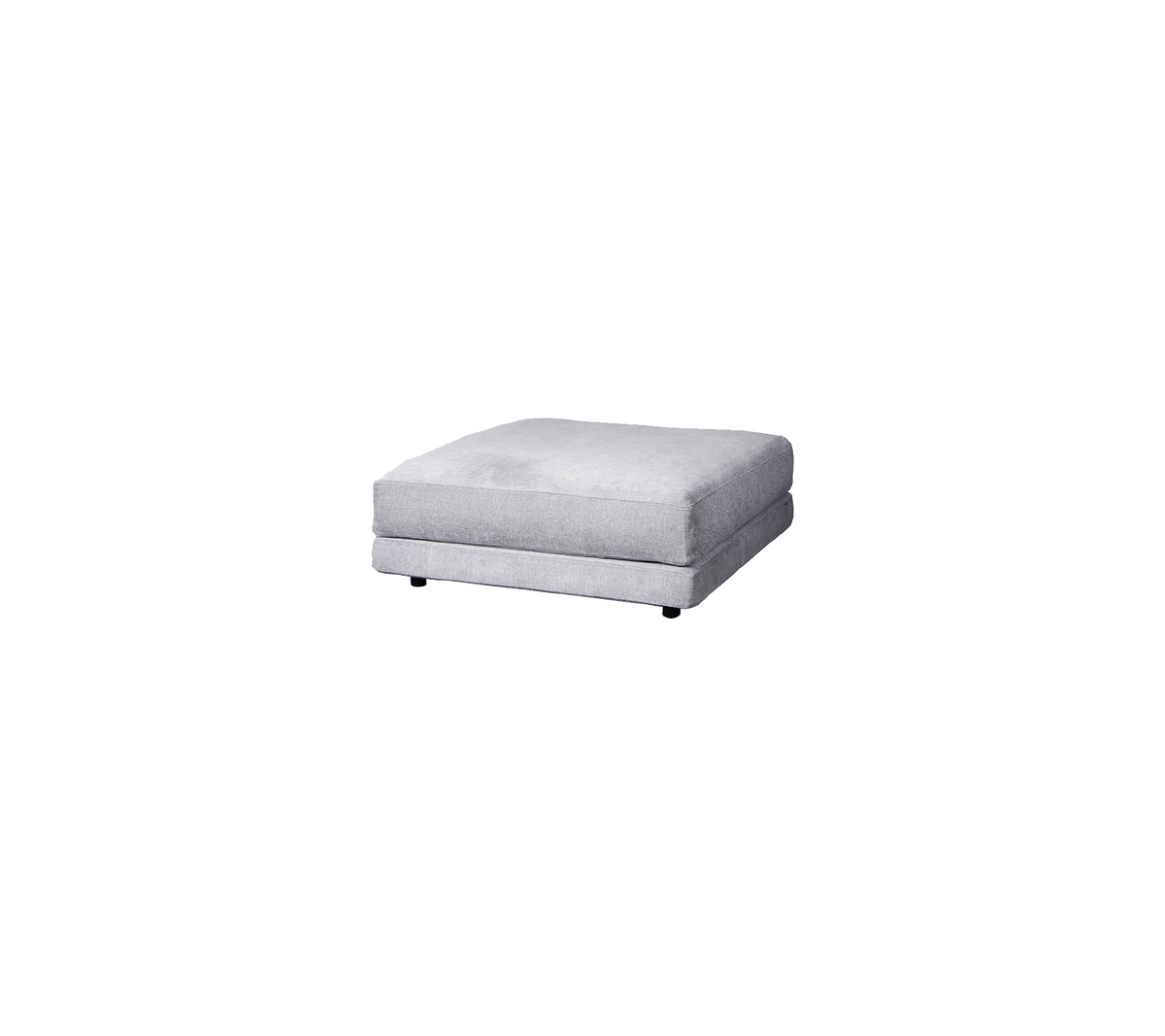 Light gray upholstered ottoman with a square shape and simple design, featuring a smooth surface and subtle cushioning.