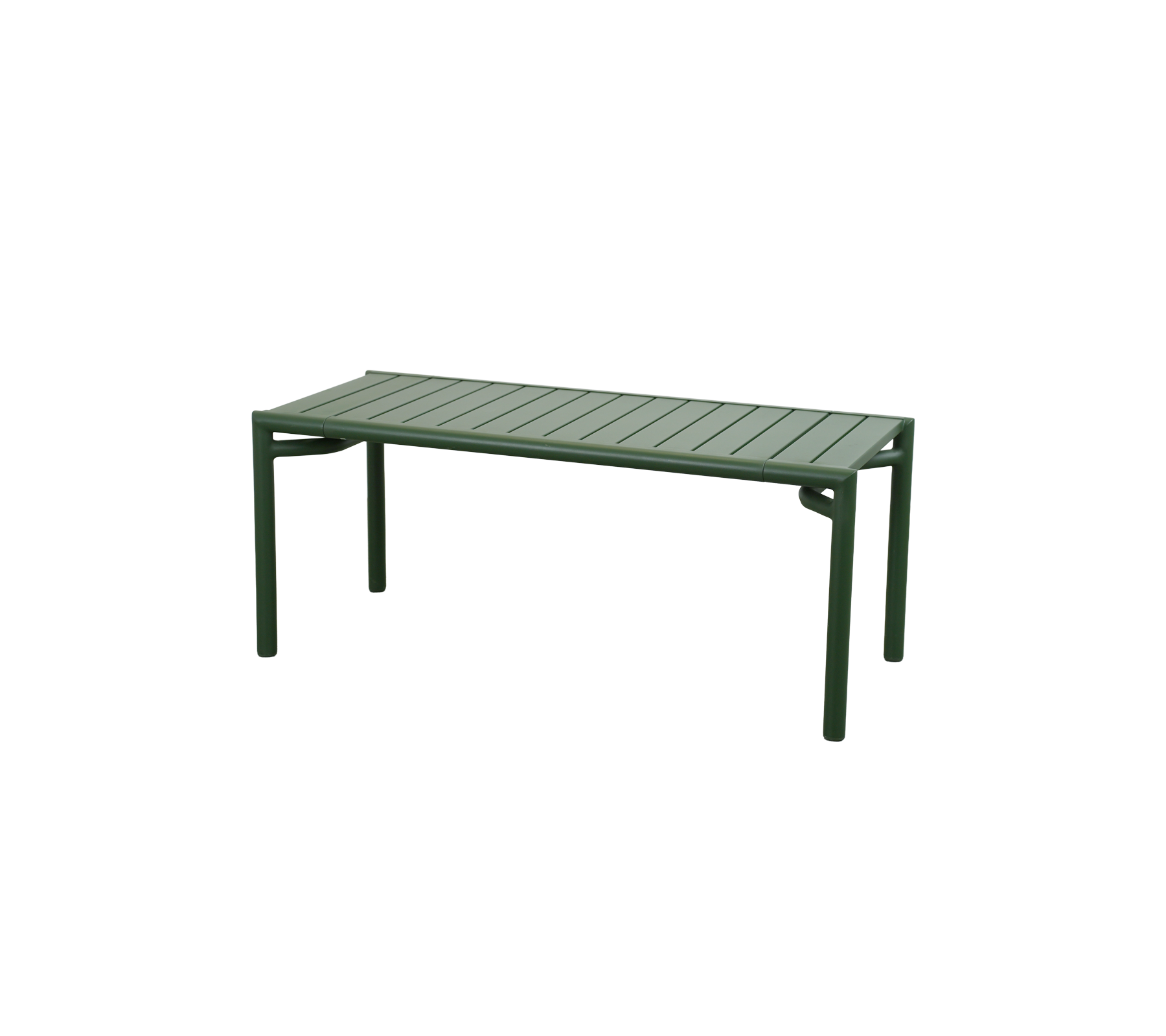 Dark green table with a slatted top and sturdy legs.