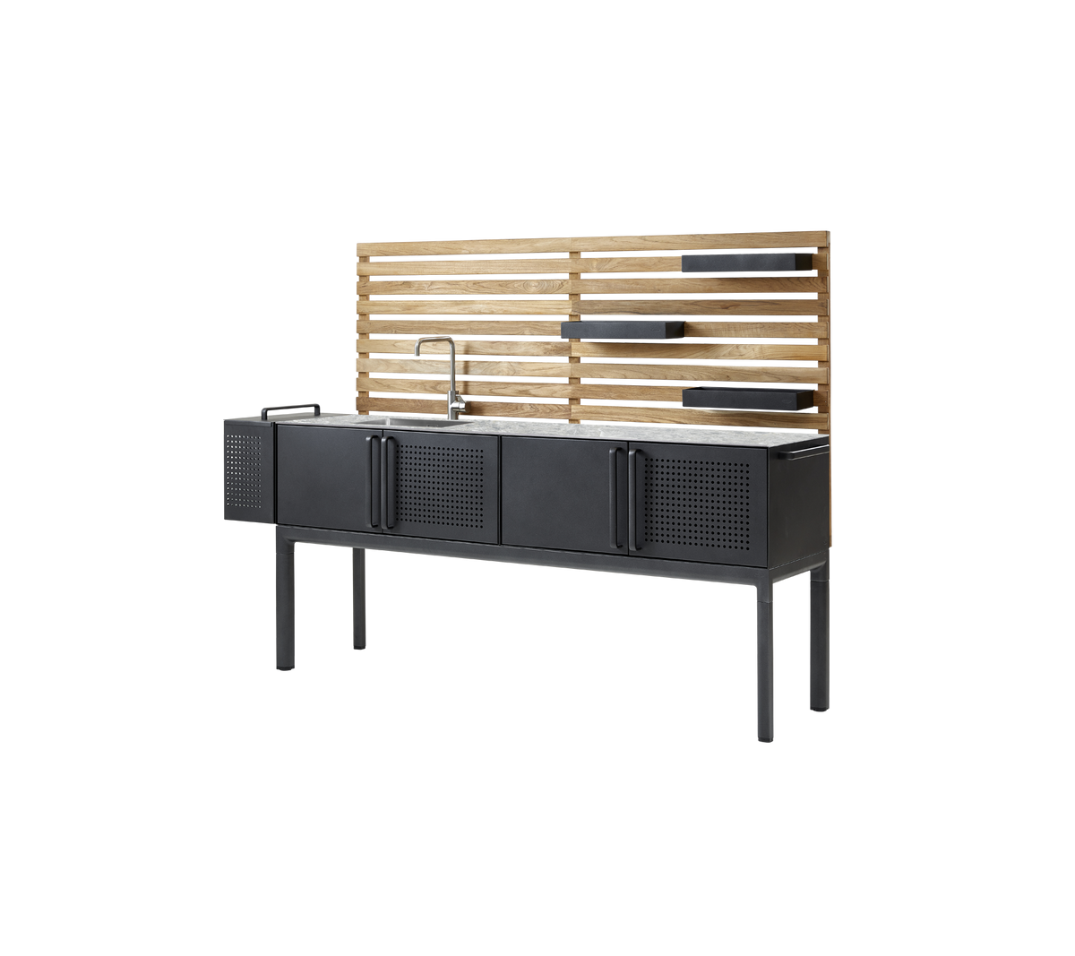A modern kitchen unit with a sleek metal base, multiple storage cabinets, and a wooden backdrop featuring shelving. Ideal for organized spaces.