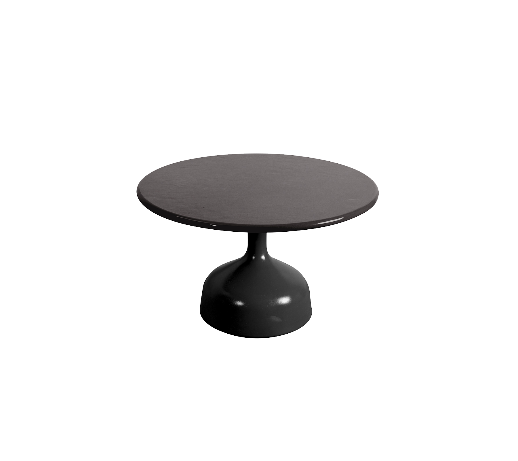 Round black table with a smooth top and a pedestal base, designed for modern aesthetics and versatile use.