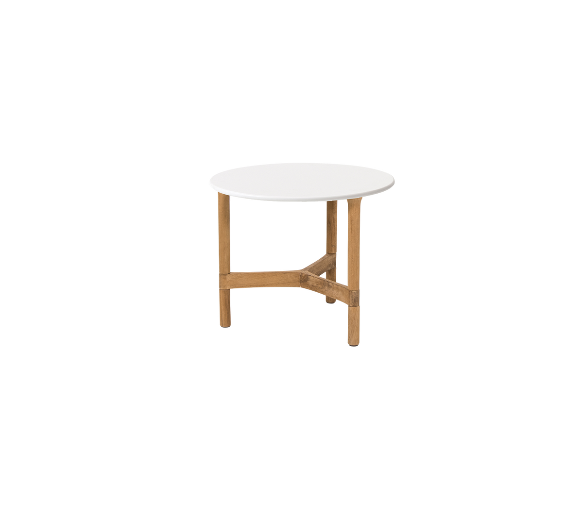 Round table with a white surface and wooden legs, featuring a sturdy crossbar for support. Ideal for various settings.