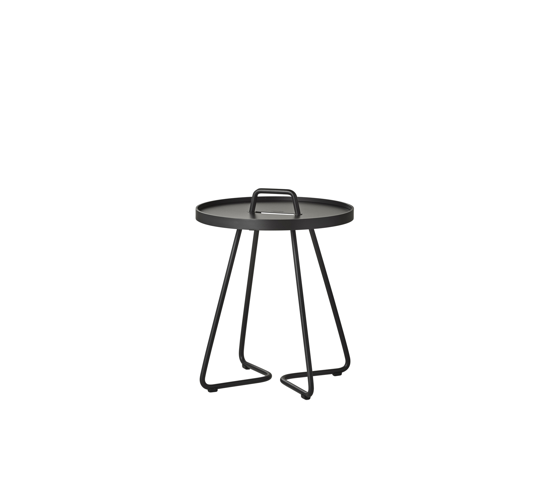 Round black table with a sleek design and a handle, featuring four angled legs for stability. Ideal for modern settings.