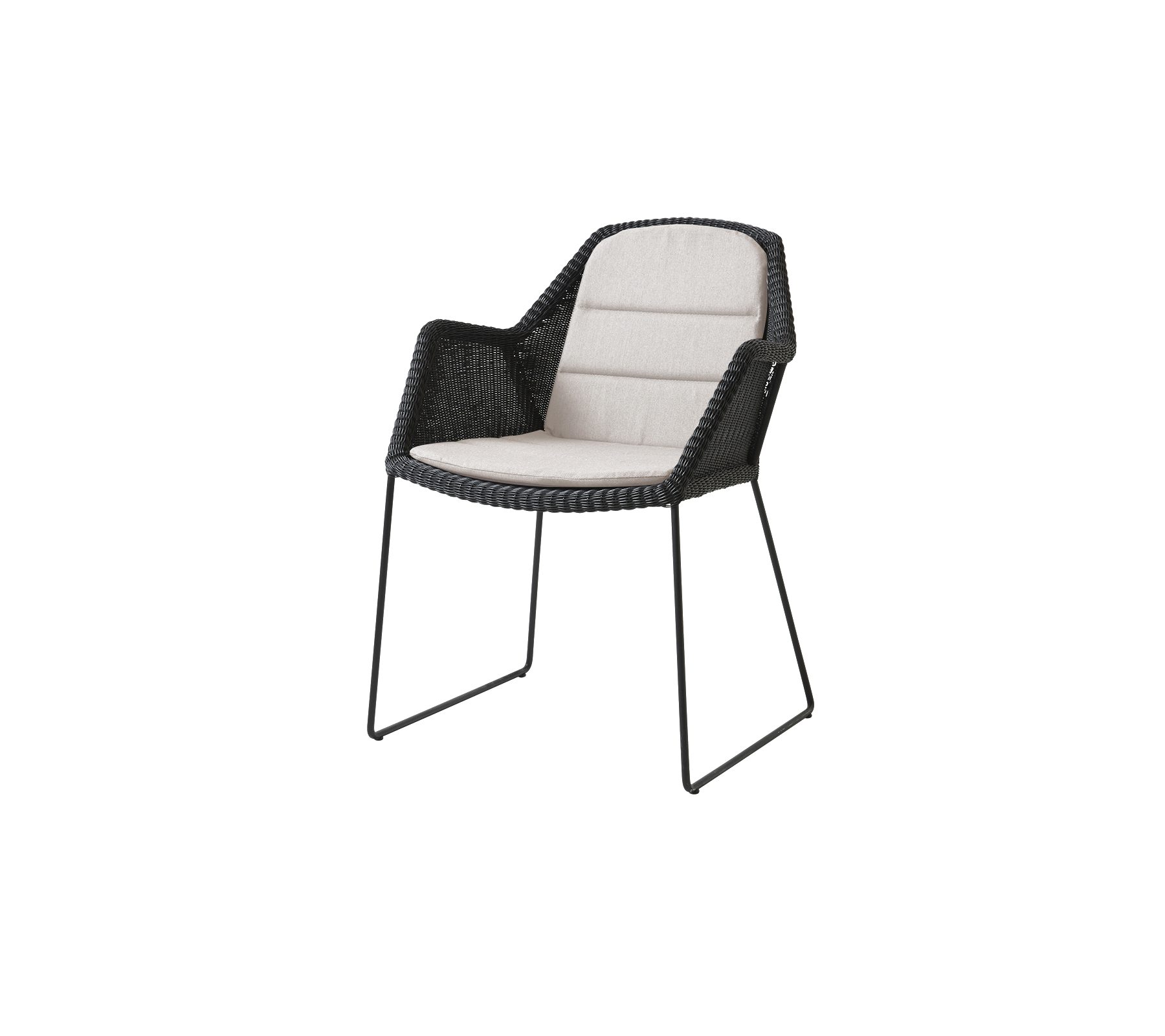Stylish chair with a black woven design and light-colored cushioned seat, perfect for modern decor.