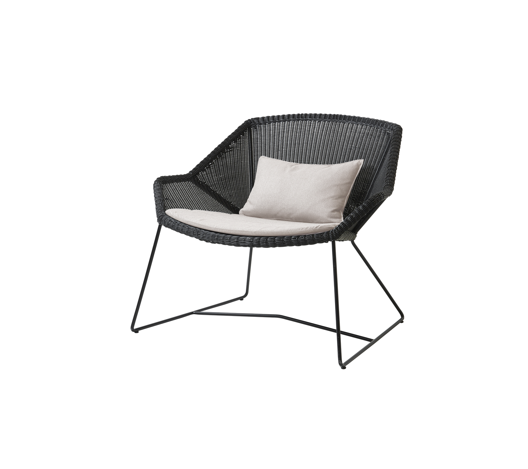 Stylish black chair with a woven design and a light-colored cushion, featuring a minimalist metal frame. Perfect for modern decor.