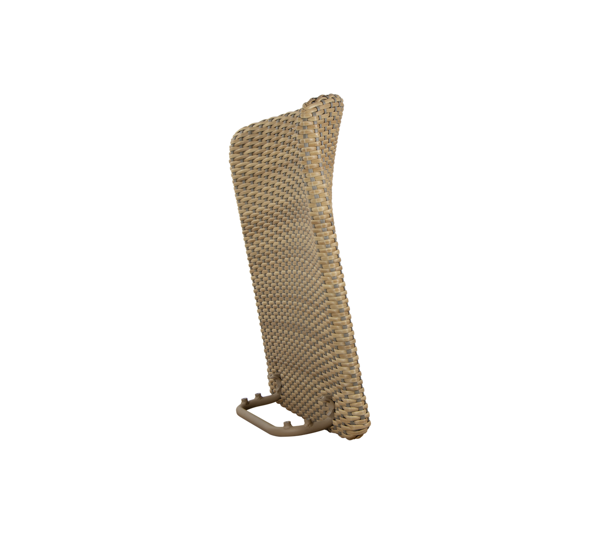 A woven backrest designed for comfortable seating, featuring a curved shape and sturdy support base. Ideal for relaxation.