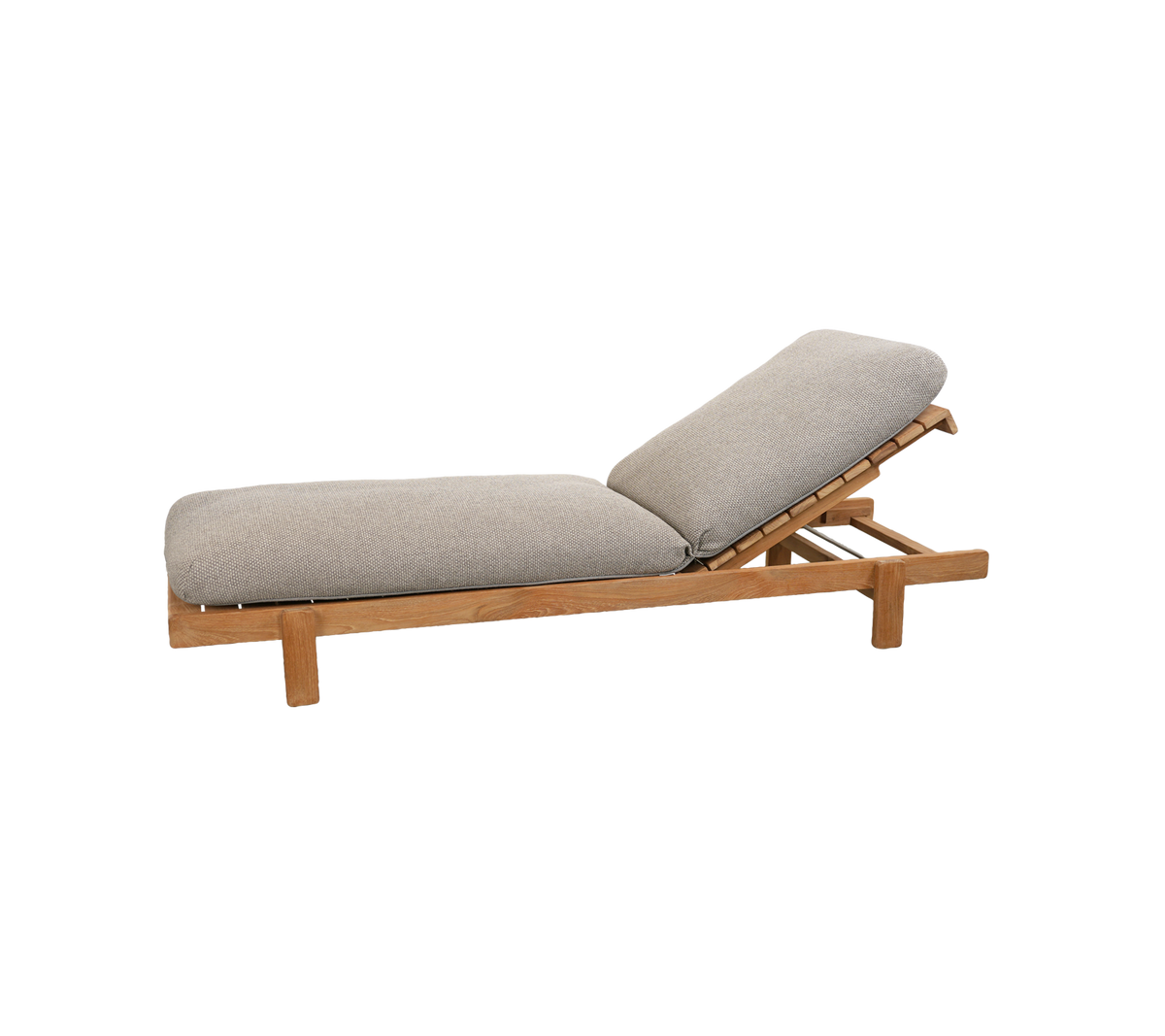 Light brown lounge chair with a grey cushion and adjustable backrest.