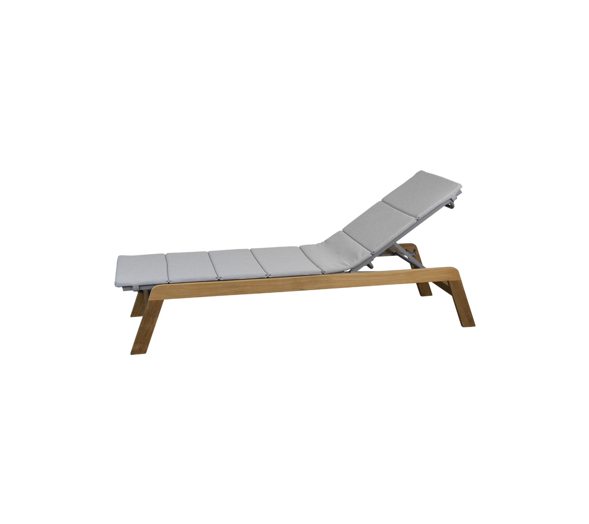 Adjustable lounge chair with a padded gray cushion and a wooden frame, designed for relaxation and comfort.