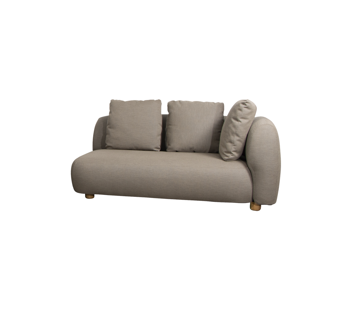 Stylish sofa with a rounded design and three plush cushions, upholstered in a soft, neutral fabric with wooden legs.