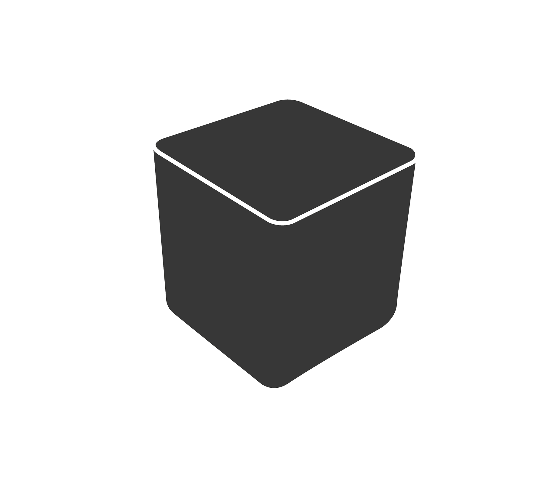 A simple, dark-colored cube-shaped container with a slightly open top, featuring smooth, rounded edges.