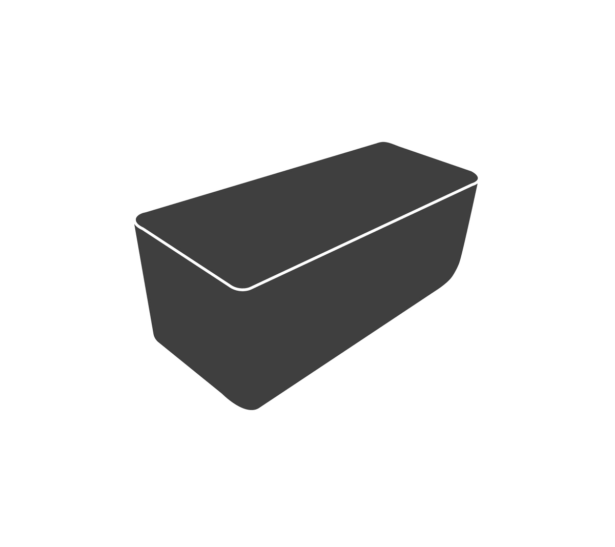 A sleek, rectangular container with a tapered design, featuring a lid and a smooth surface, ideal for storage or serving.