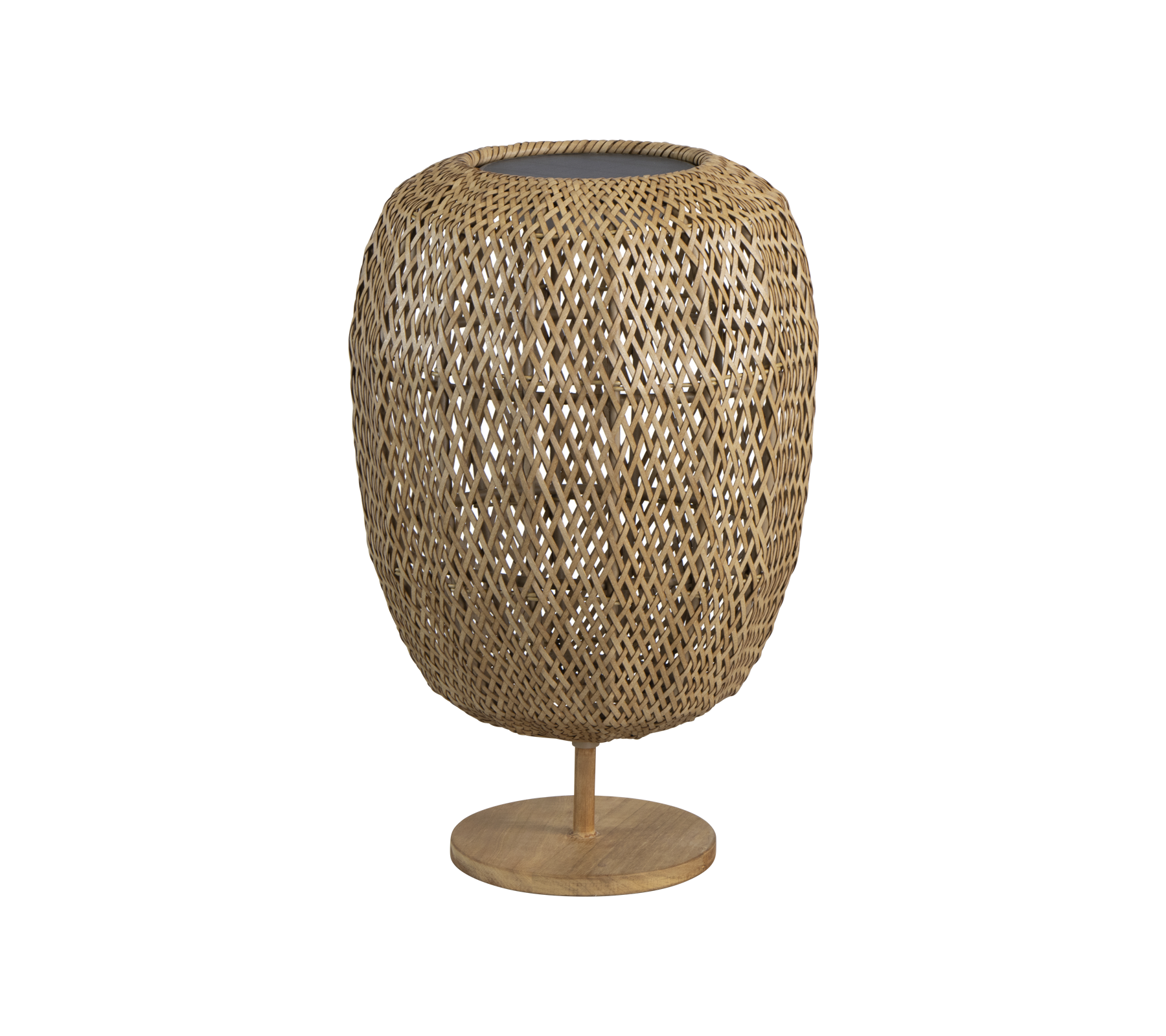 Woven natural fiber lamp with a rounded shape and a sturdy base, offering a stylish touch to any decor.