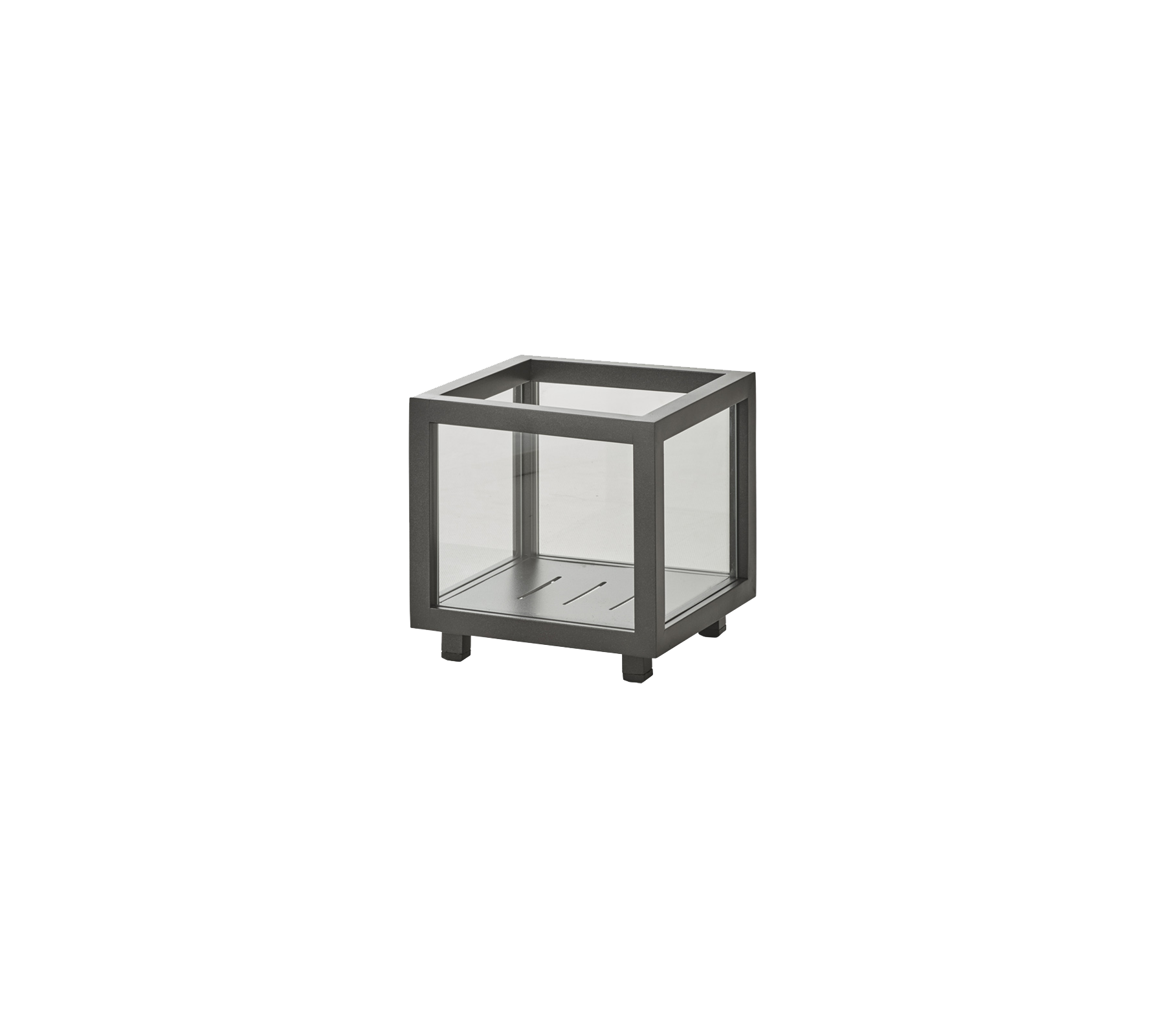 Minimalistic square side table with a metal frame and glass panels, providing a modern touch to any space.