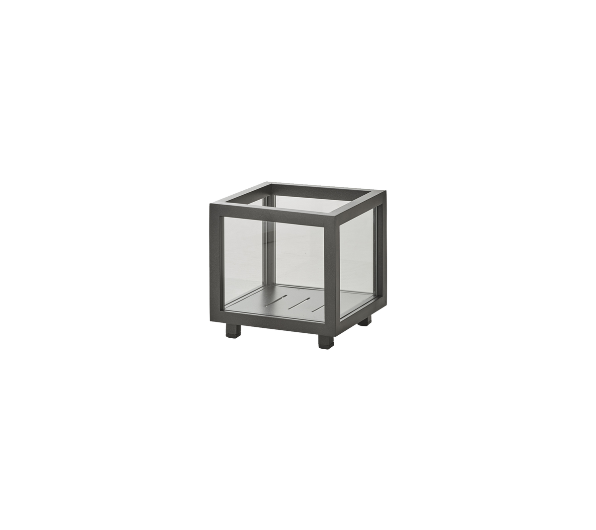 Minimalistic square side table with a metal frame and glass panels, providing a modern touch to any space.