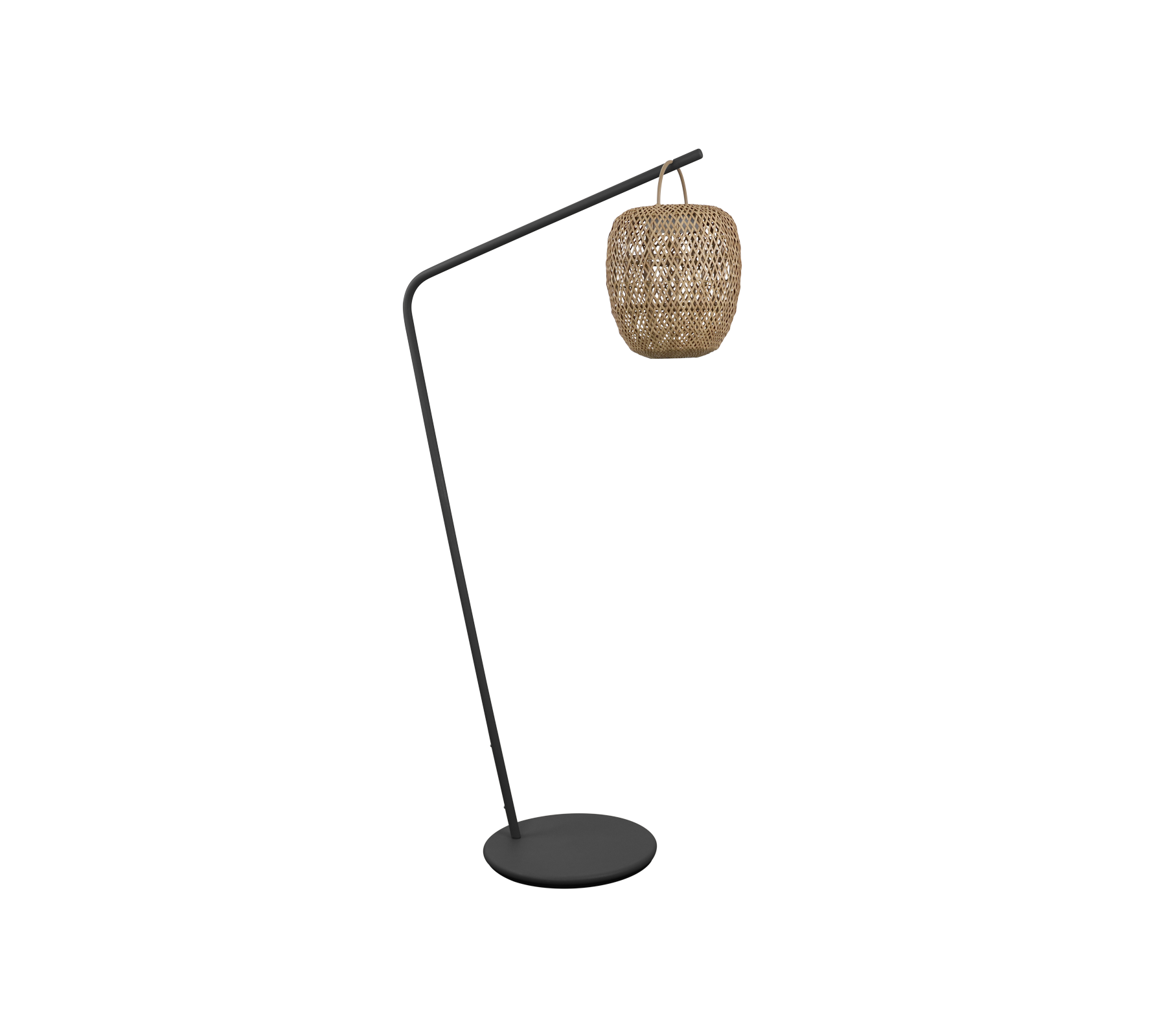 A stylish floor lamp featuring a curved design and a woven shade, perfect for adding a modern touch to your space.