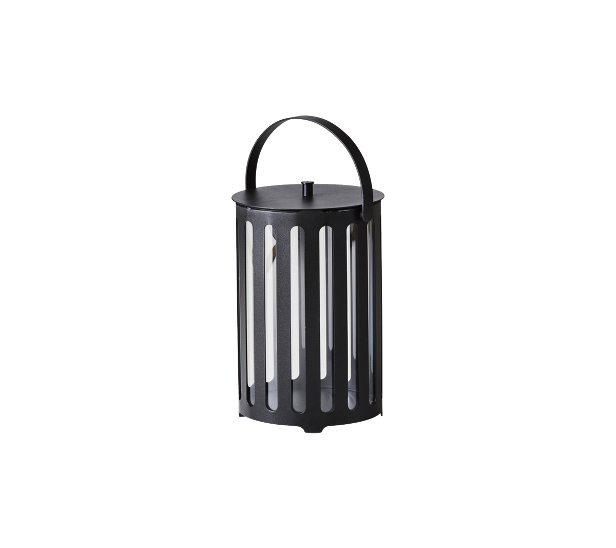 Black lantern featuring a cylindrical design with vertical slits and a handle for easy carrying. Suitable for decorative lighting.