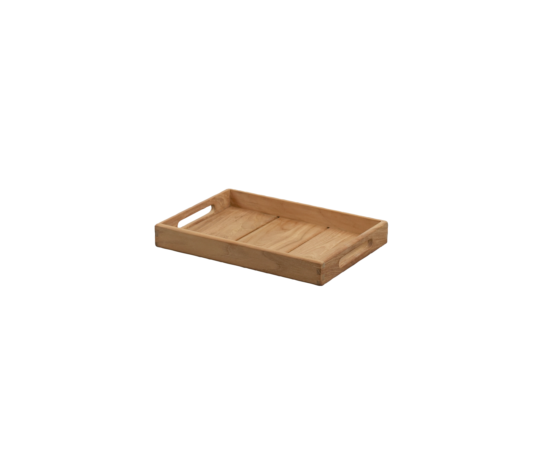 Rectangular teak tray with handled sides.