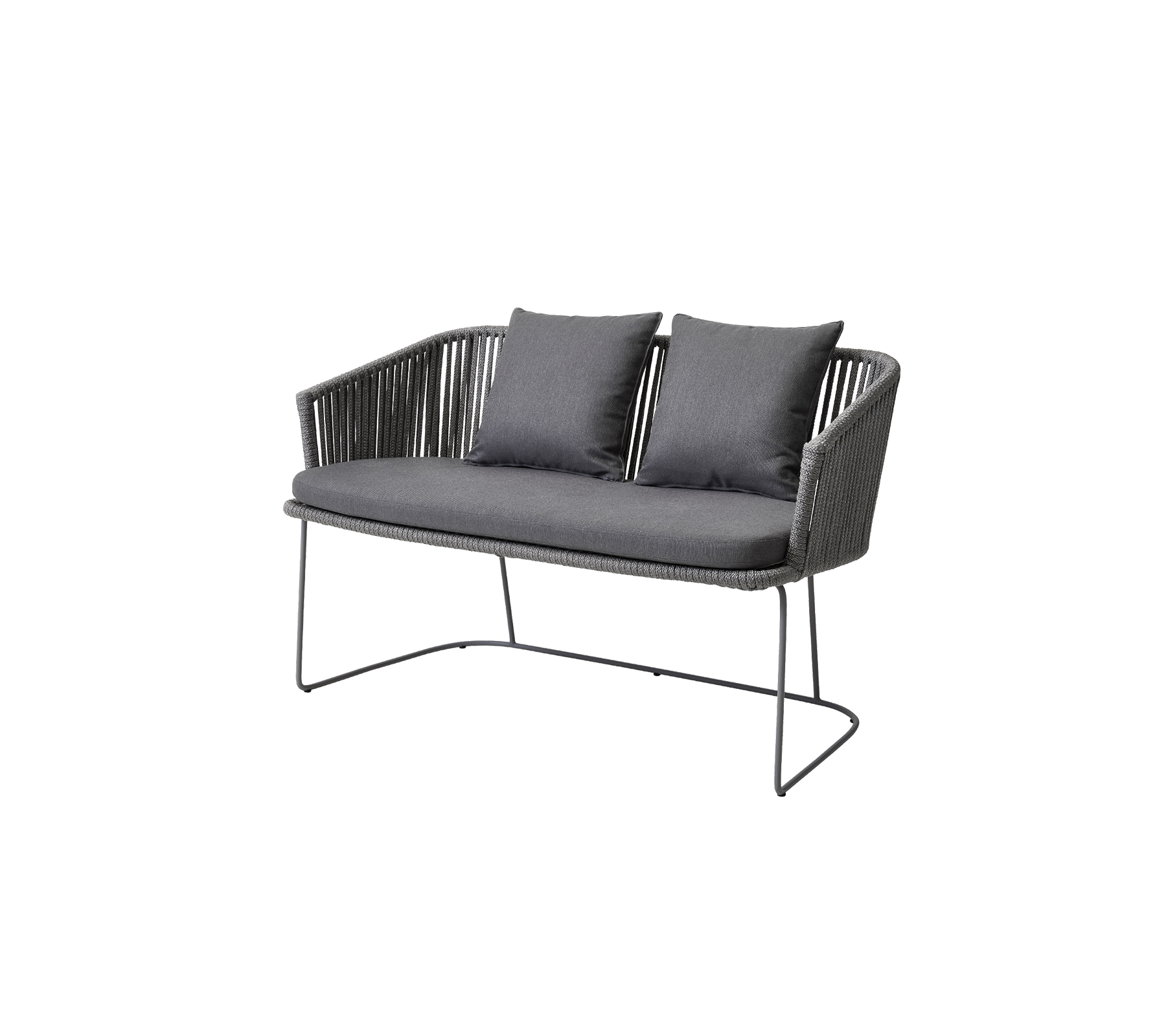Stylish two-seater sofa with a modern design, featuring a sleek frame and plush cushions in a sophisticated gray color.