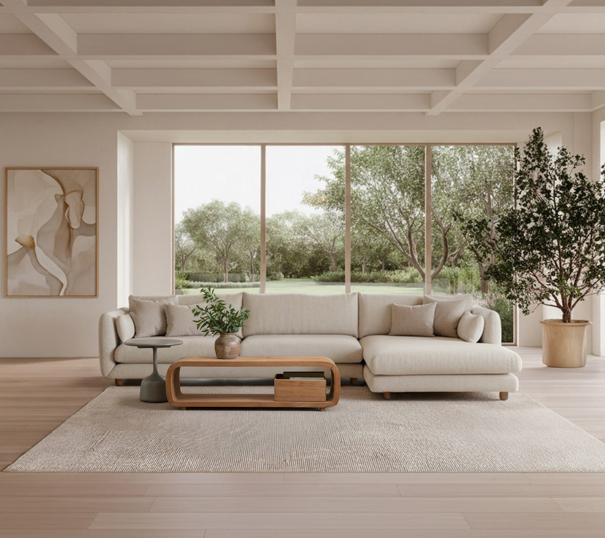 Modern lounge featuring a beige sofa, wooden coffee table, and a green plant.