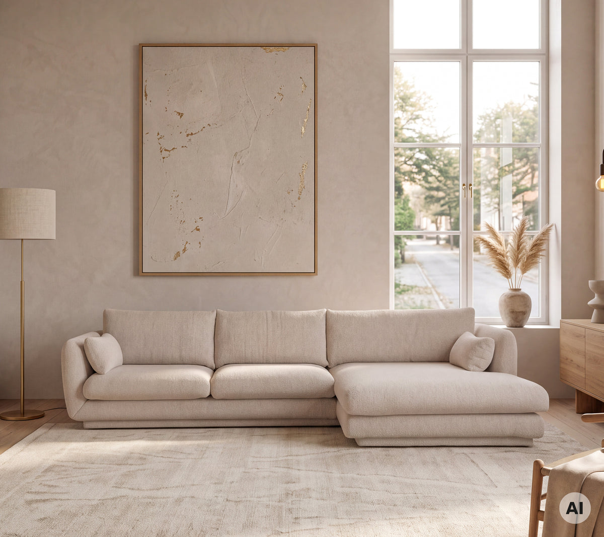 Beige modern sofa in a minimalist lounge setting with large windows.