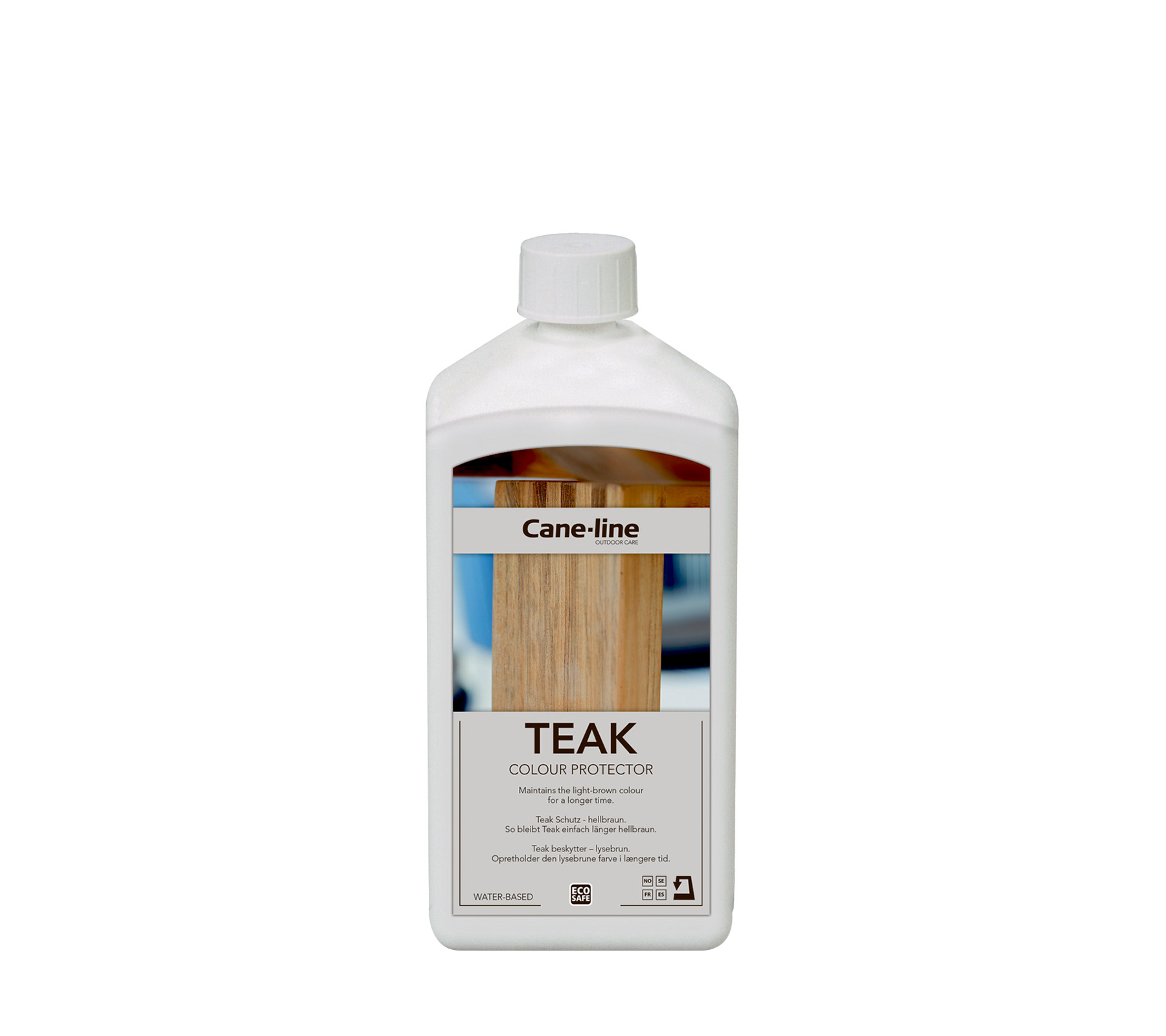 Container of teak color protector by Cane-line, designed to maintain and enhance the appearance of teak wood surfaces.