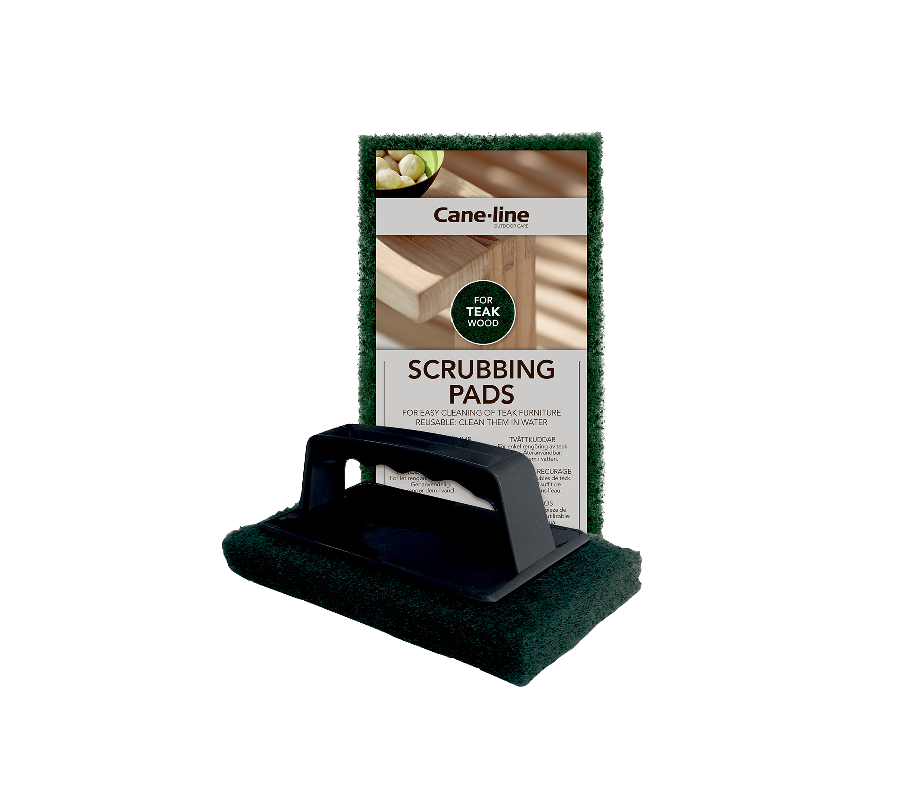 Scrubbing pads with a handle, designed for effective cleaning. Includes packaging featuring the product name. Ideal for various cleaning tasks.