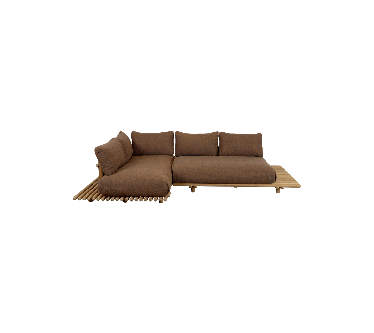 Modern sectional sofa with a deep brown fabric and wooden base, featuring plush cushions for comfort and stylish design.