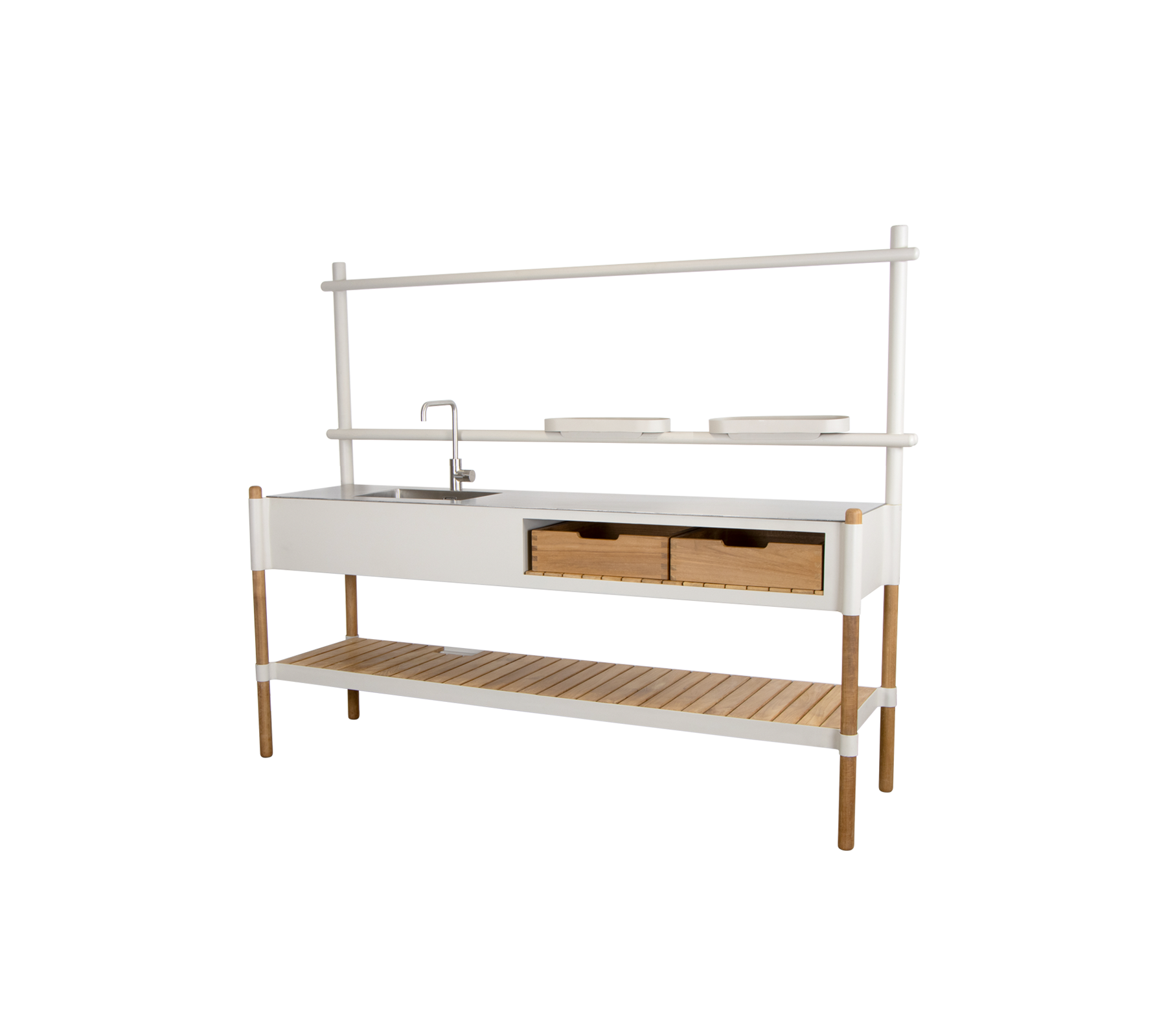 Stylish kitchen unit featuring a sink, two drawers, and an open shelf for storage, complemented by a modern design.