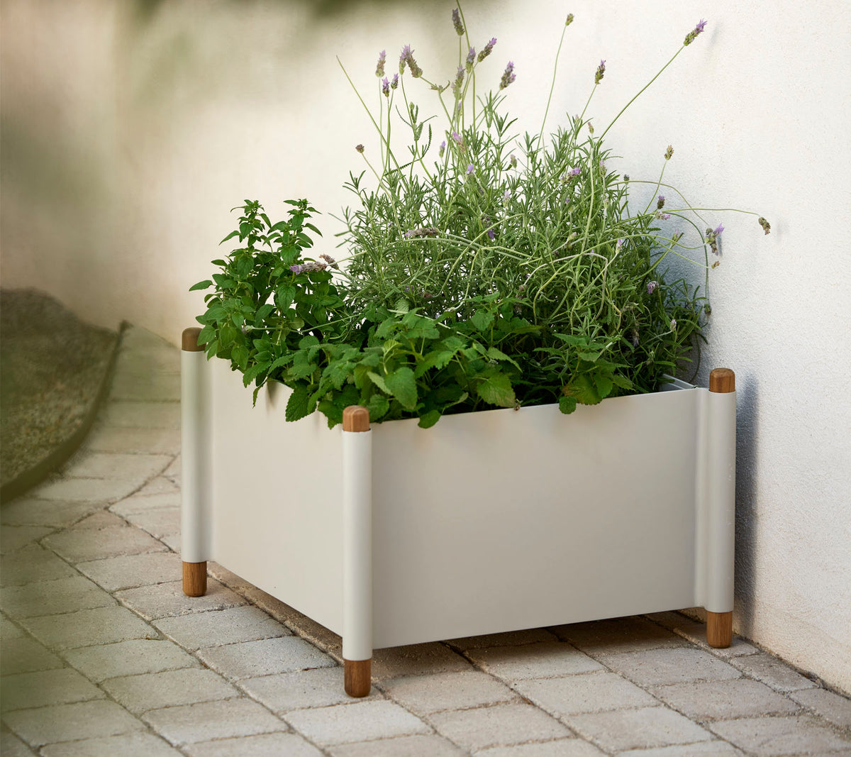 A modern planter box filled with various green herbs and plants, featuring natural wooden accents on the corners.